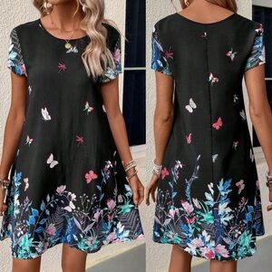 NEW Butterfly Print Shift Dress Womens Size Large Viscose Black Bohemian Shein L
